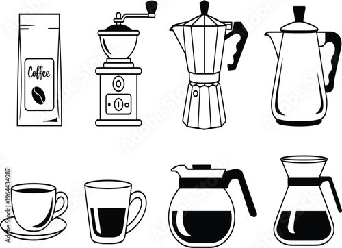Coffee brewing equipment vector set, icons of grinder, moka pot, beans, and coffee carafes, isolated on white background