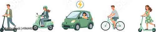 Eco friendly urban transportation set with people riding electric scooter, green moped, small EV car, bicycle and kick scooter