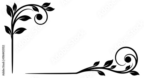 Elegant Black Floral Design for Upper Right Corner with Swirling Leaves and Vine Elements on Isolated White Background.