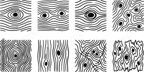 Set of eight black and white hand-drawn wood grain patterns and tree rings wood texture natural pattern