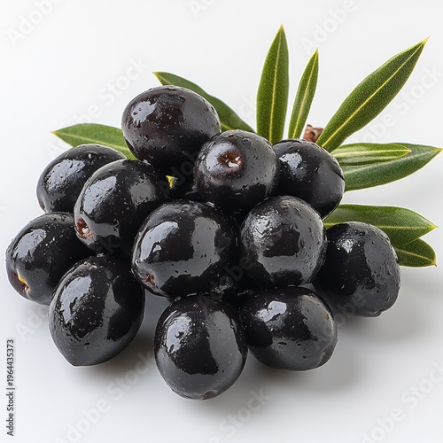 A cluster of shiny black olives sits gracefully among vibrant green leaves