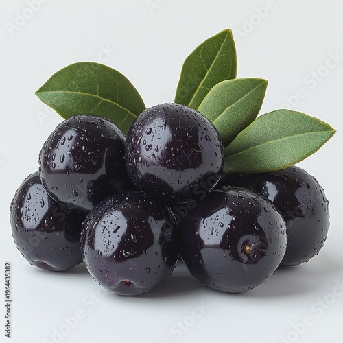 Plump black olives glisten with water droplets looking fresh and beautiful