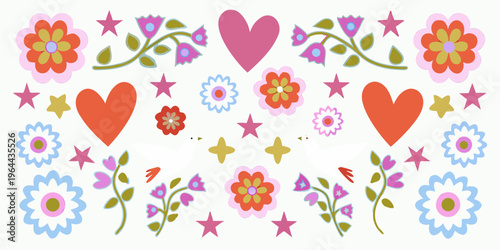 Floral and heart pattern with stars on a light background