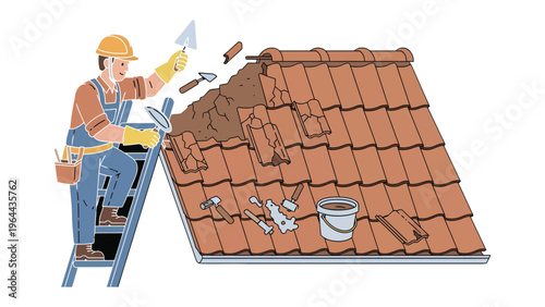 Roofing Repair: A skilled craftsman expertly repairs a roof, demonstrating precision and expertise in construction, surrounded by tools of his trade.