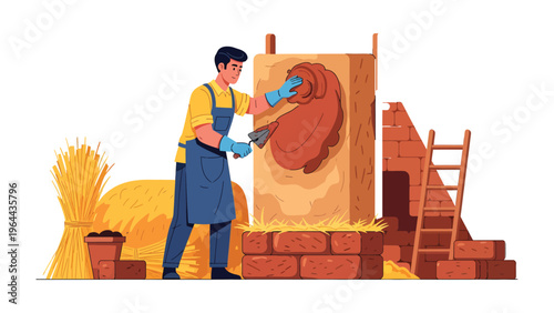 Crafting with Clay: A skilled artisan meticulously applies clay to a rustic structure, a testament to craftsmanship and the art of construction.