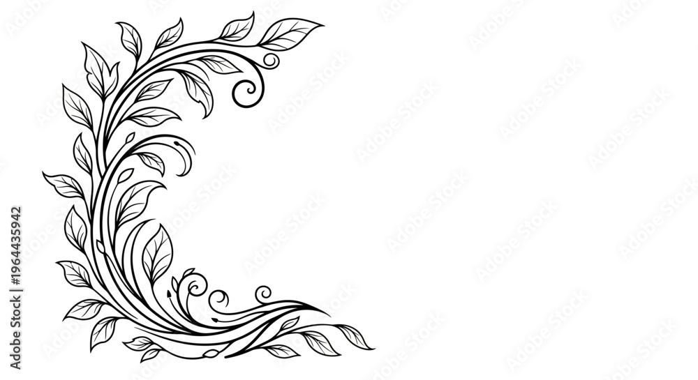 Fototapeta premium An elegant black and white illustration of a swirling vine with leaves and tendrils, forming a decorative corner element.