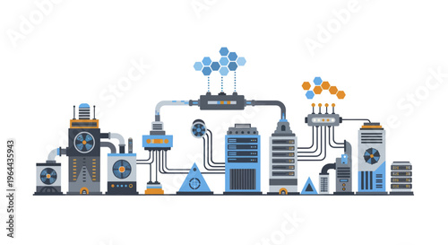 Complex industrial process with interconnected machinery and data flow.