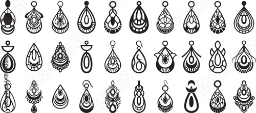 Dangling teardrop earring silhouette collection, teardrop-shaped, earring templates ideas, vector art.