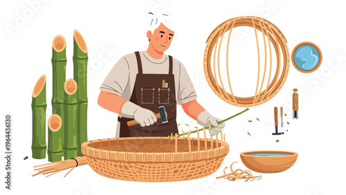 Artisan Crafting: An artisan meticulously weaves a traditional bamboo basket, showcasing a blend of skill, patience, and cultural heritage.