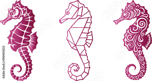Minimalist seahorse vector silhouette collection, detailed seahorse geometric, perfect for logos, crafts, and decorative projects. flat vector design.