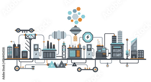 Industrial complex with interconnected factories and energy production.