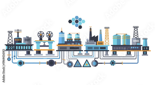 Industrial complex with interconnected factories and energy production facilities.