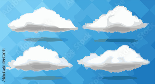 Minimalist flat vector illustration of four fluffy white clouds with soft shadows on blue sky background geometric pattern design