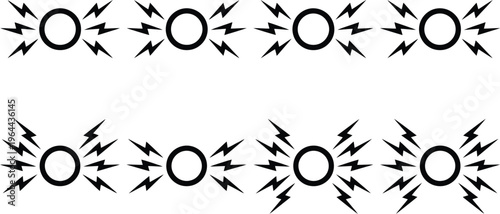Black concentric circles with radiating lightning bolt shapes on white background Keywords: abstract, background, black, circle, concentric, design, element, energy, graphic, icon, illustration
