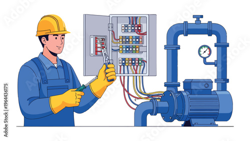 Maintenance at Work: A skilled technician, equipped with necessary tools, diligently works on electrical panel of the pump.