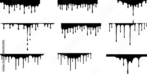 Thick black liquid paint dripping from the top edge silhouette collection, dripping paint, modern abstract design. flat vector design.