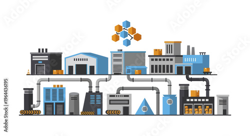 Industrial factory complex with chemical molecular structure above.