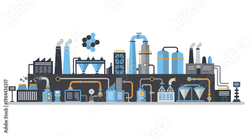 Industrial factory complex with various production units and pipelines.