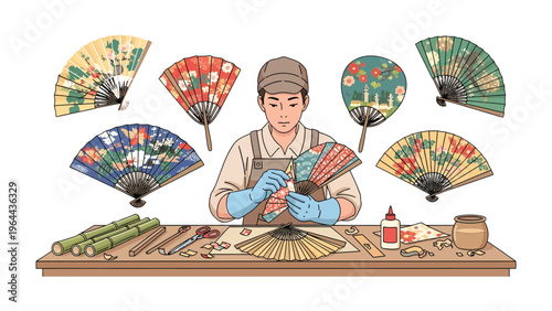 Artisan Crafting: Meticulous craftsperson delicately assembling intricate fans with delicate patterns and artistry, showcasing the blend of tradition and skill