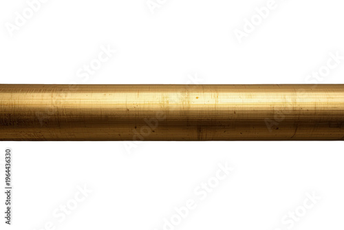 Golden brass metal pipe displaying textured surface and gleaming reflections on transparent background material