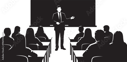 Businessman teaching, classroom scene, black and white vector, educational illustration, teacher and students