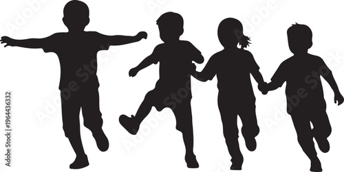 Black silhouettes of happy children running, kids playing, joyful youth, vector illustration