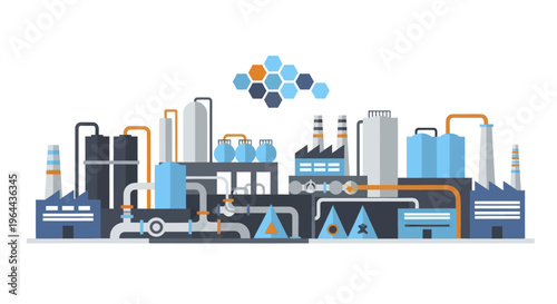 Industrial factory complex with various production facilities and pipelines.