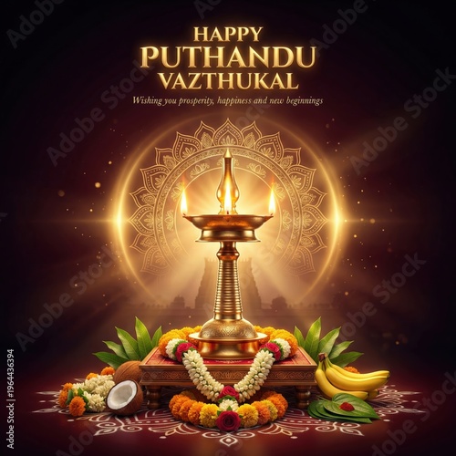 Vibrant Puthandu Vazhthukal greeting with a traditional oil lamp on a decorated pedestal, surrounded by fruits, flowers, and auspicious symbols on a festive background