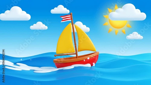 Cartoon sailing adventure animated scene featuring a red sailboat on blue sea with sun and clouds,3d render