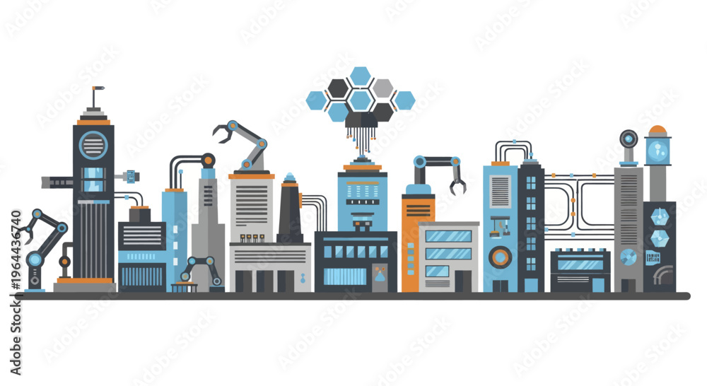 Fototapeta premium Modern automated factory with robotic arms and advanced technology.