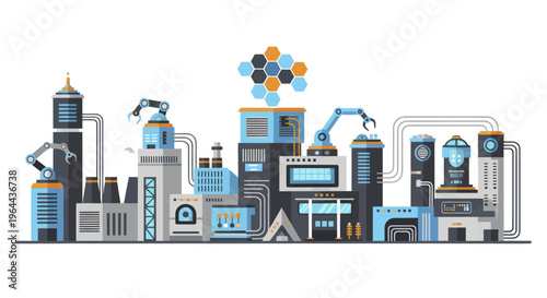 Modern automated factory with robotic arms and advanced technology.