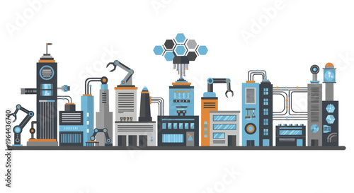 Modern automated factory with robotic arms and advanced technology.