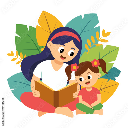 Mother reading a book to her little daughter, illustration of a parent and child spending time together