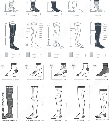Socks measurement chart with multiple styles, size guide diagrams and dimensions, technical apparel specification sheet – vector illustration