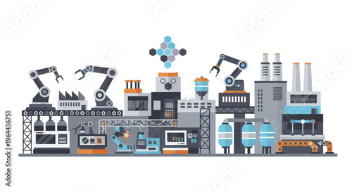 Modern automated factory with robotic arms and advanced machinery.