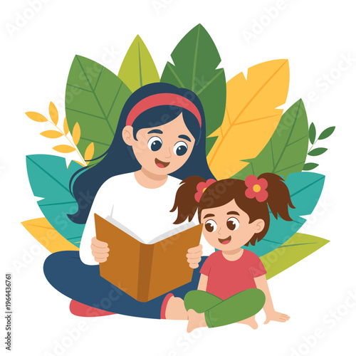 A woman reading a book to a little girl sitting in front of her with tropical leaves in the background