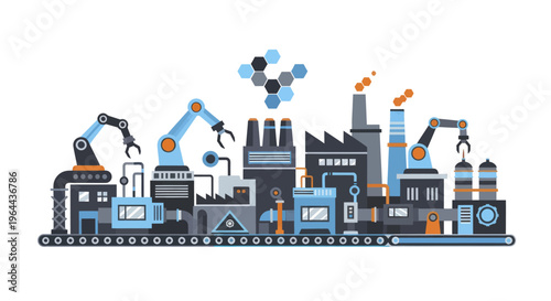 Modern automated factory with robotic arms and assembly line.