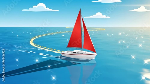 Cartoon sailing boat on a golden path animated background with blue sea and sky for childrens storytelling and educational purposes