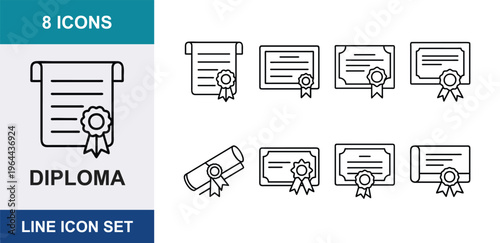 Set of simple outline education diploma icons representing graduation documents and achievements