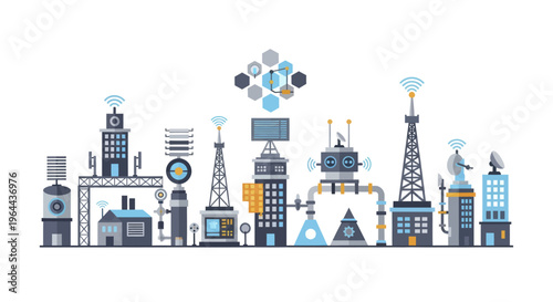 Modern Cityscape with Communication Towers and Buildings.