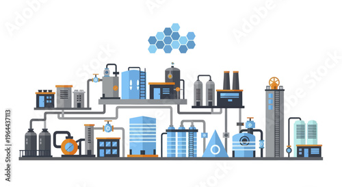 Modern Industrial Chemical Plant Facility with Complex Piping System.