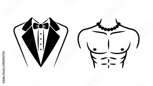 Set of male torso icons, tuxedo jacket with bow tie and muscular chest with necklace