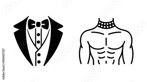 Tuxedo and muscular torso with collar icons set