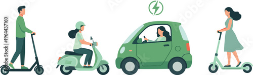 Green electric urban mobility set with people riding eco friendly kick scooters, electric moped, and small battery powered car