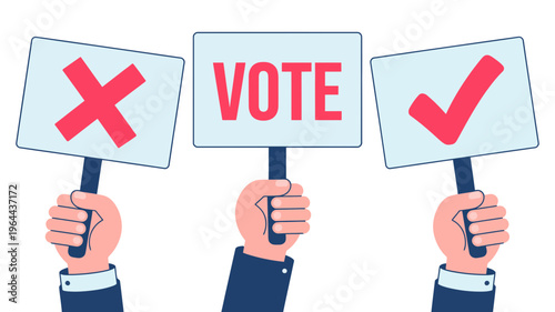 Hands holding signs with vote, check mark, and cross mark symbols