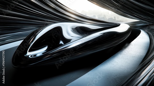 Sleek Metallic Abstract Sculpture with Dynamic Curves and High Contrast Lighting