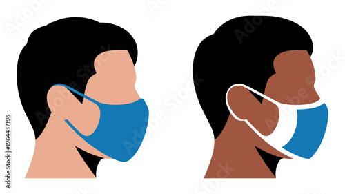 Profile view of two men wearing protective face masks, illustration
