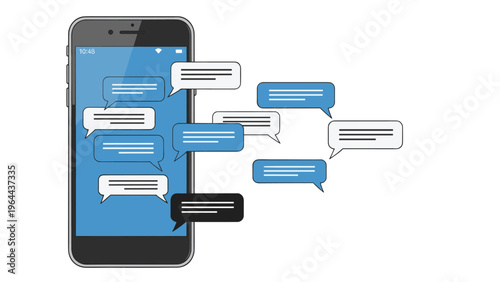 Smartphone with many blue and grey speech bubbles floating out of the screen represents mobile communication and social networking.