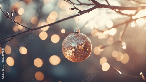 Sparkling Christmas ornament with glitter details hanging from a tree branch with soft bokeh lights