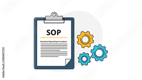 Clipboard with standard operating procedure text next to colorful gears represents business process and workflow.